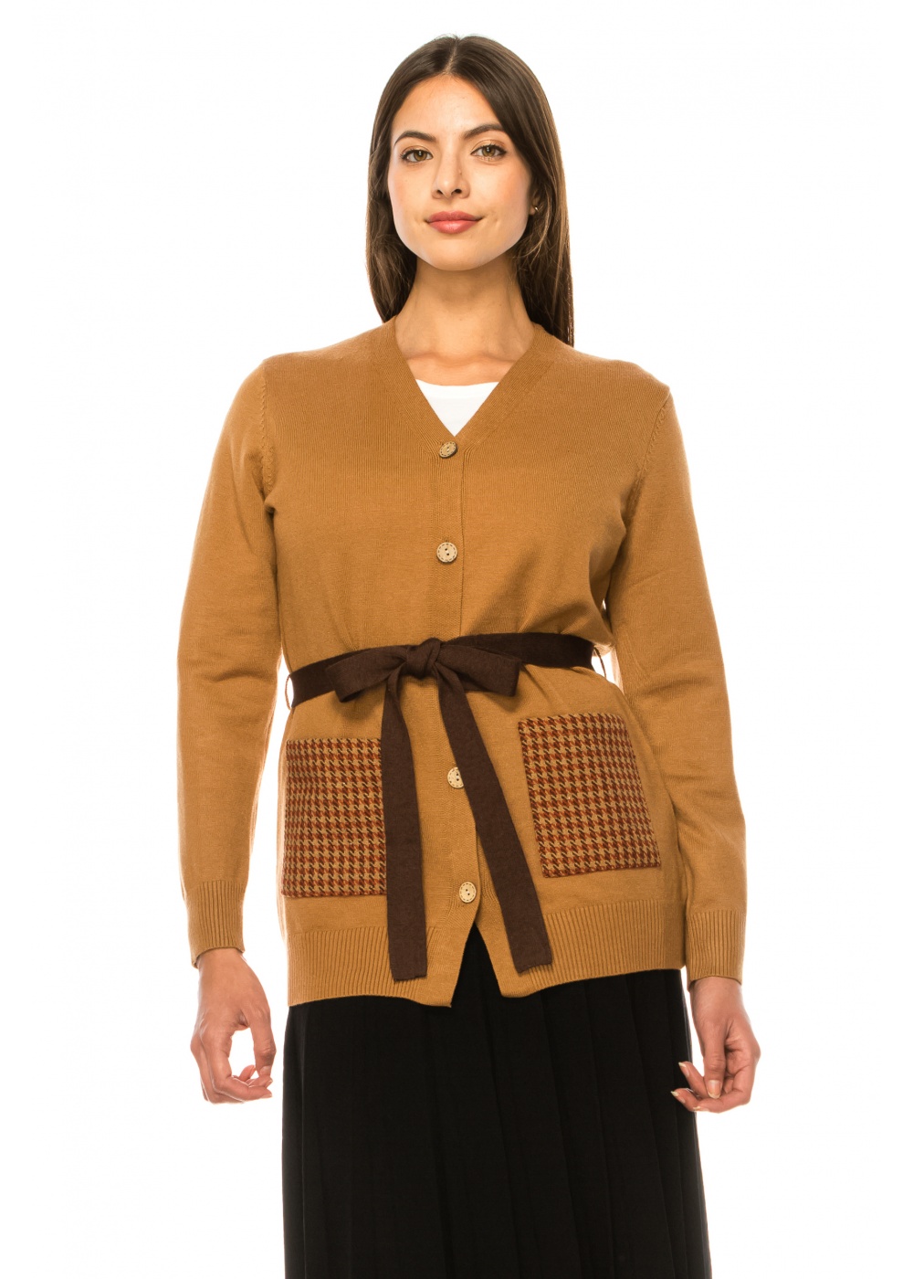 Cardigan with a belt in camel