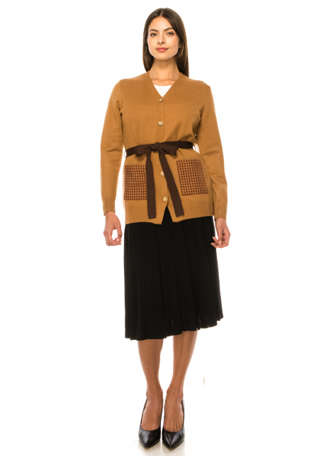 Cardigan with a belt in camel