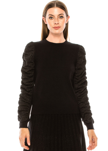 Crew neck sweater with draped lurex sleeves