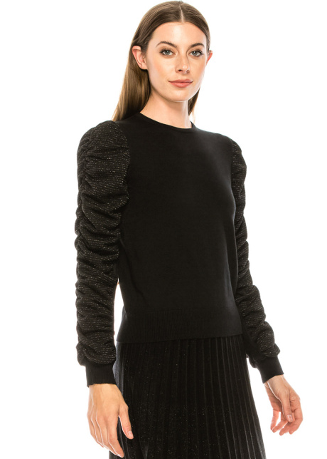 Crew neck sweater with draped lurex sleeves