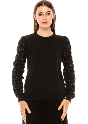 Crew neck sweater with draped sequin sleeves