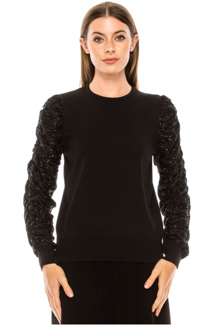 Crew neck sweater with draped sequin sleeves