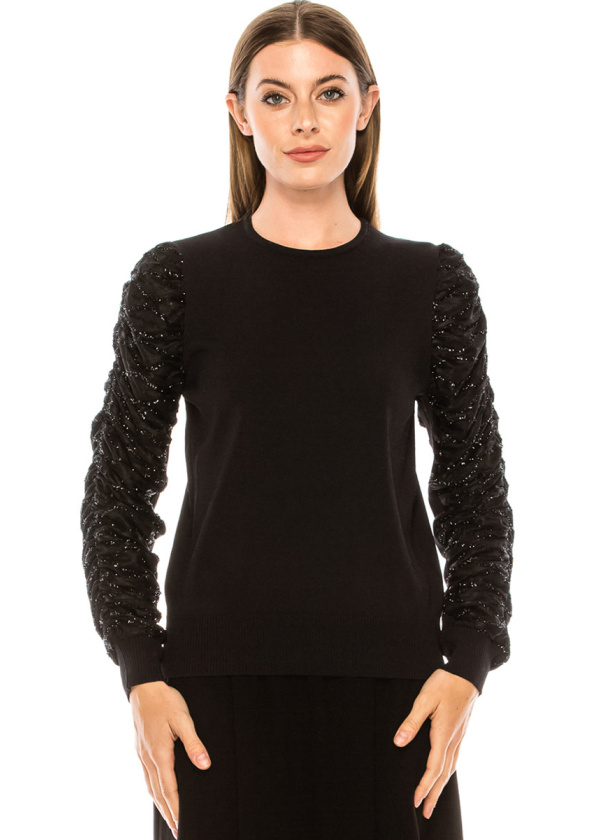 Crew neck sweater with draped sequin sleeves