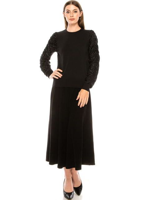 Crew neck sweater with draped sequin sleeves