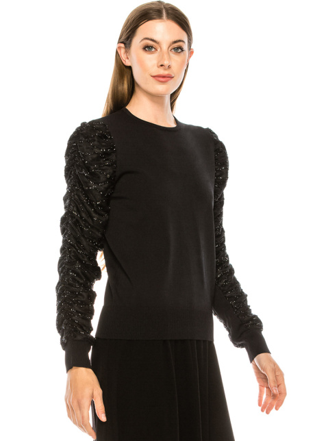 Crew neck sweater with draped sequin sleeves