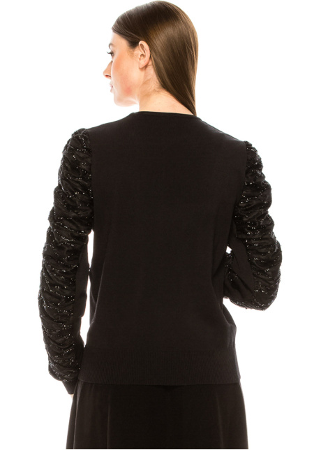 Crew neck sweater with draped sequin sleeves