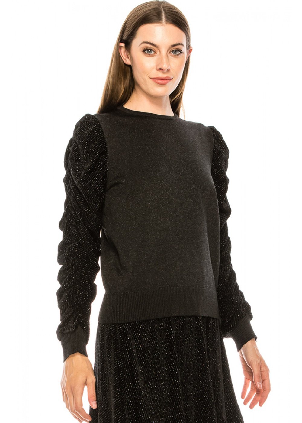 Black velvet sweater with volume lurex sleeves
