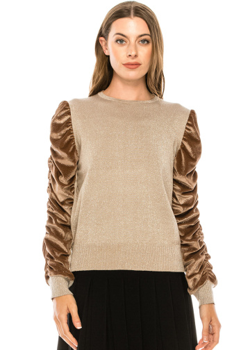 Crew neck sweater with draped velvet sleeves
