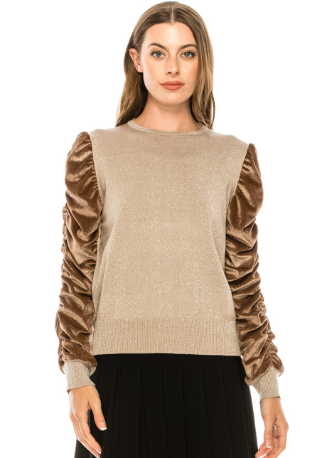 Crew neck sweater with draped velvet sleeves