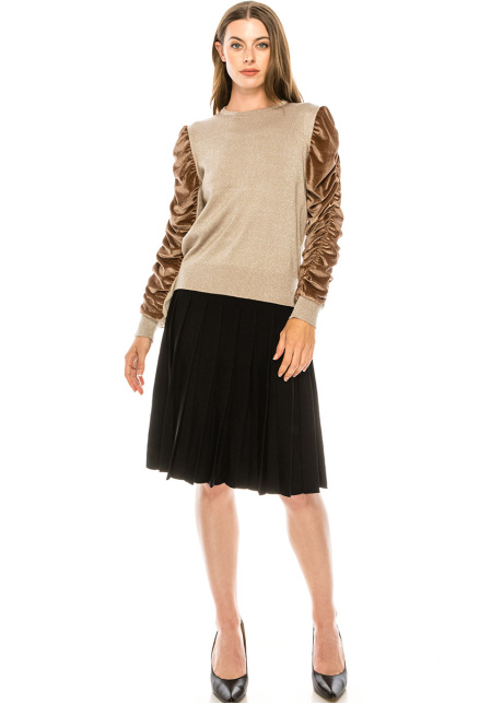 Crew neck sweater with draped velvet sleeves