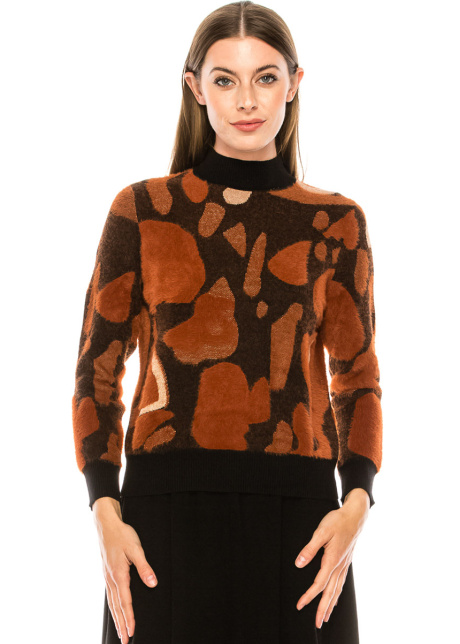 Asymmetrical print sweater in rust & black 