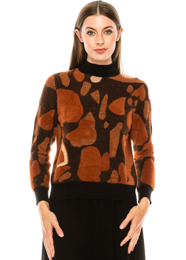 Asymmetrical print sweater in rust & black 
