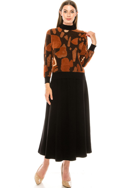 Asymmetrical print sweater in rust & black 
