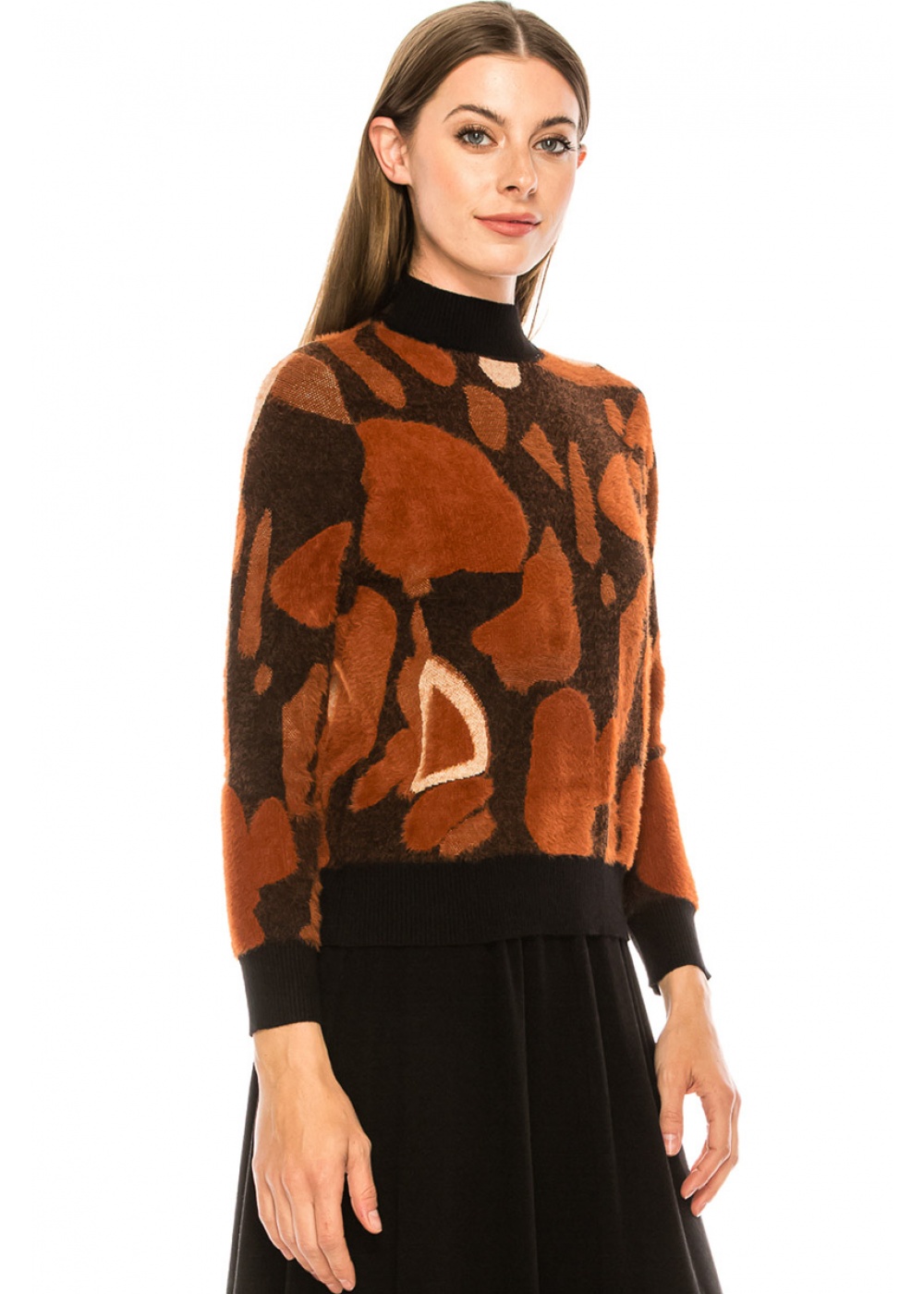 Asymmetrical print sweater in rust & black 
