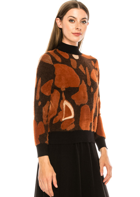 Asymmetrical print sweater in rust & black 