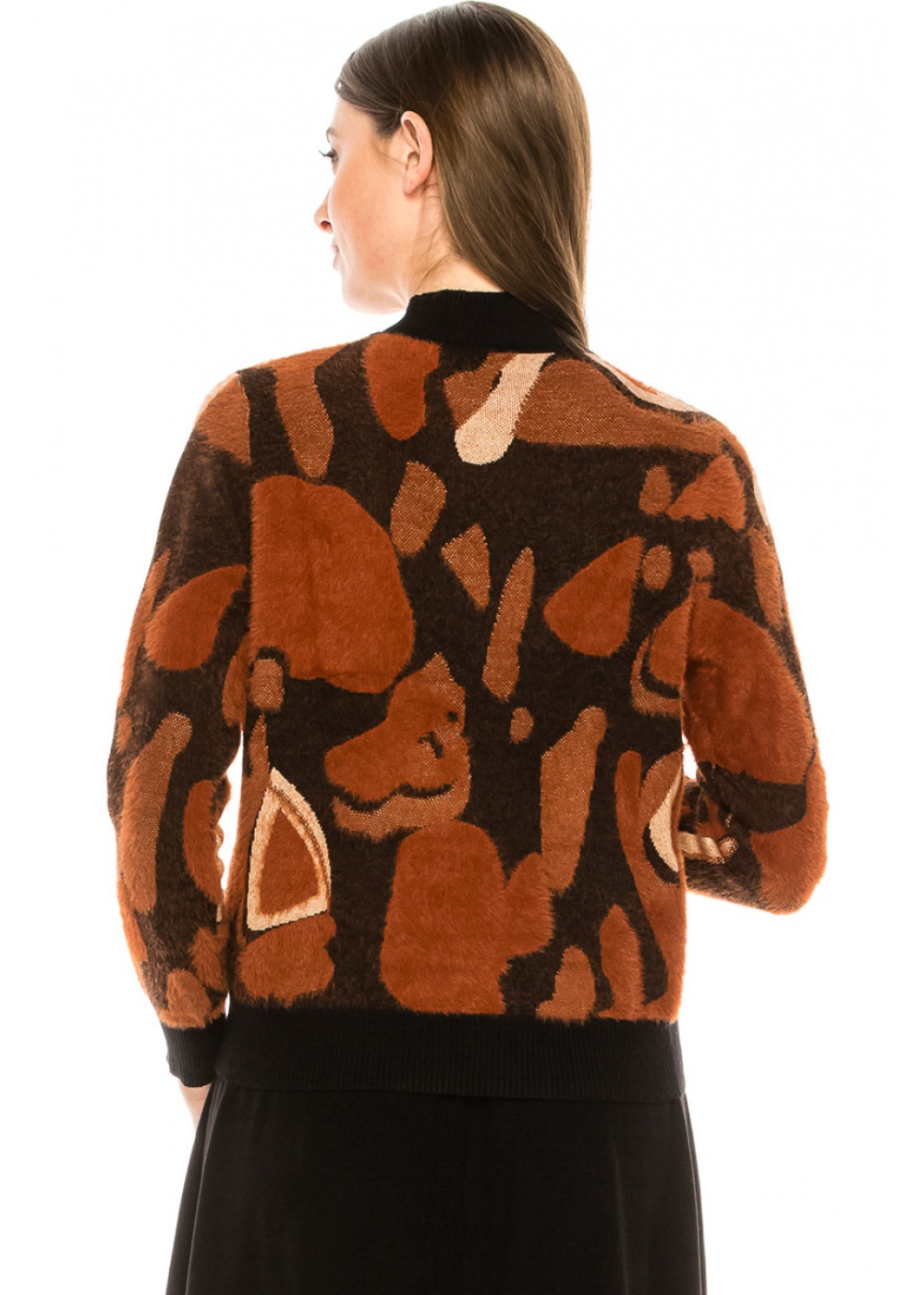 Asymmetrical print sweater in rust & black 