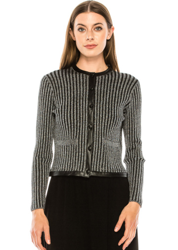 Leather trim lurex cardigan in silver
