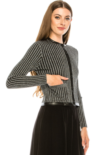 Leather trim lurex cardigan in silver