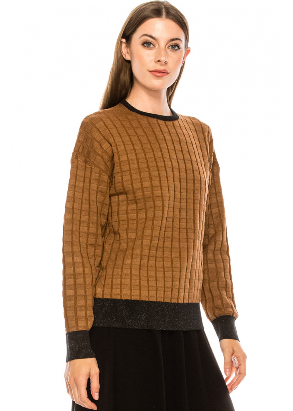 Checkered texture sweater in camel