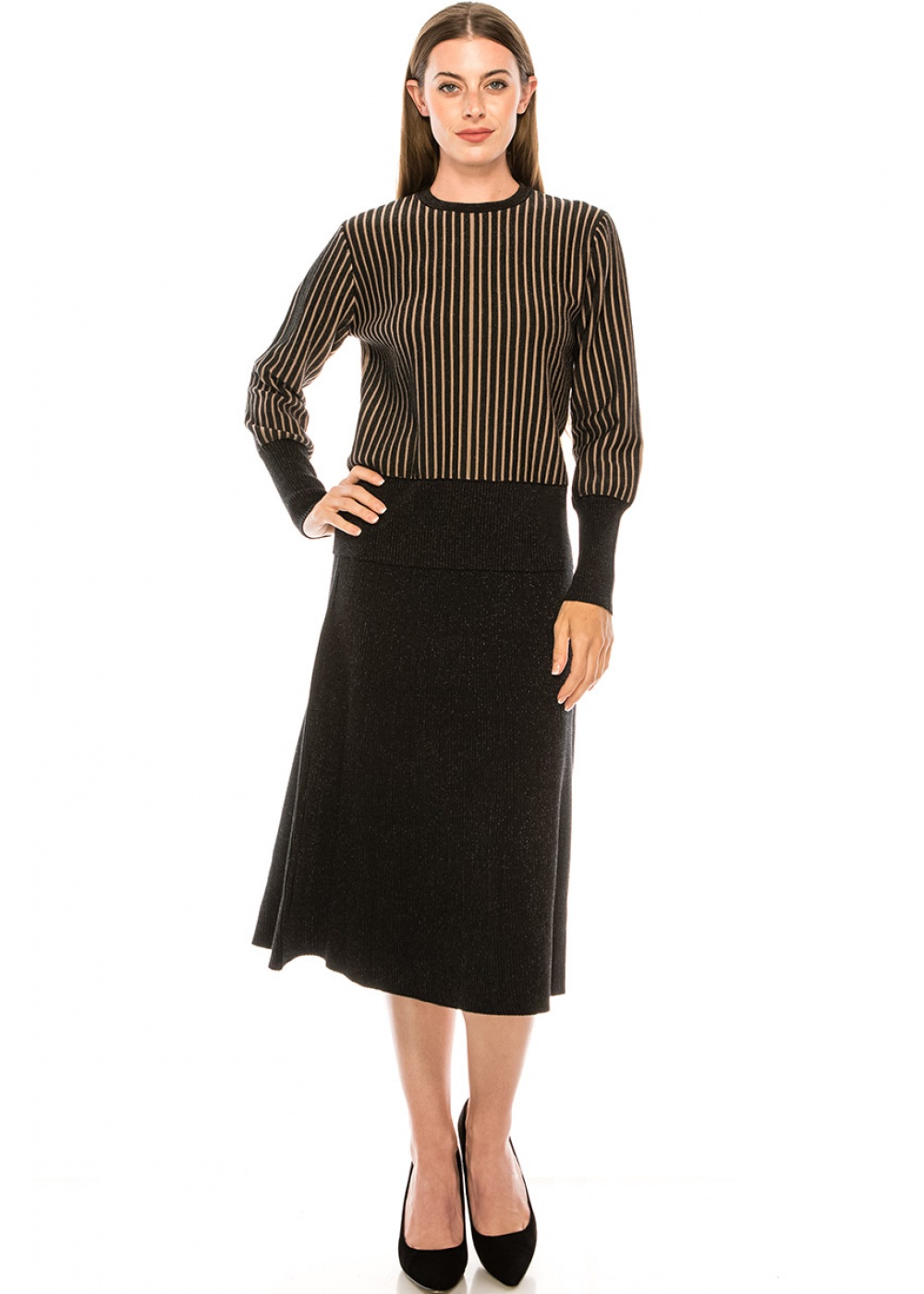 Striped sweater with leg-of-mutton sleeves
