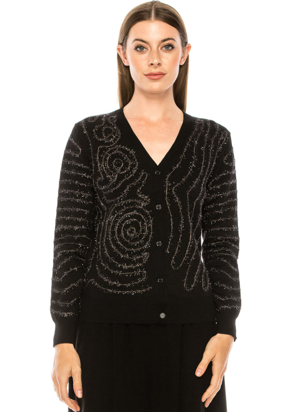 Embroidered shiny cardigan in black
