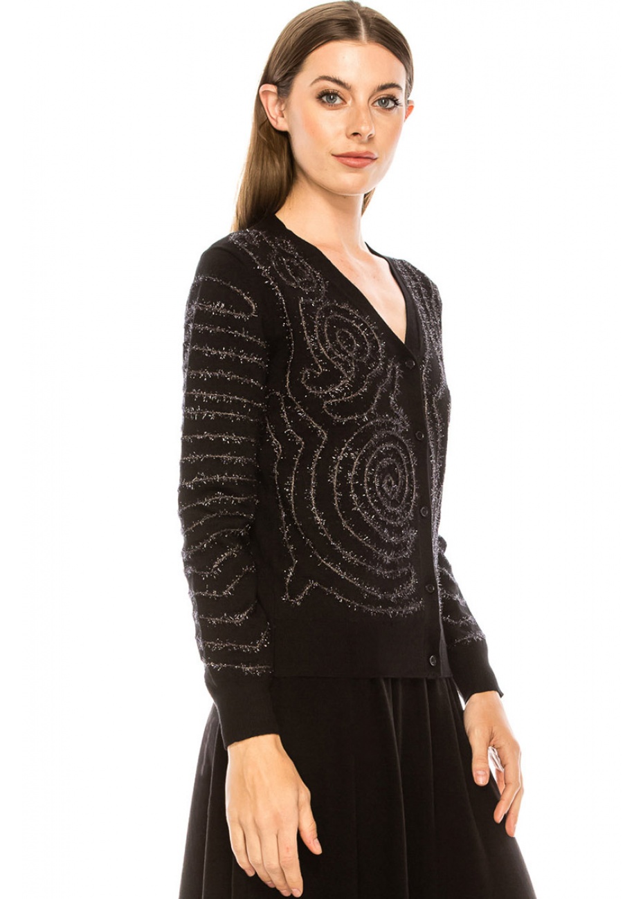 Embroidered shiny cardigan in black