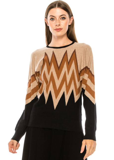 Zigzag pattern sweater in camel and black