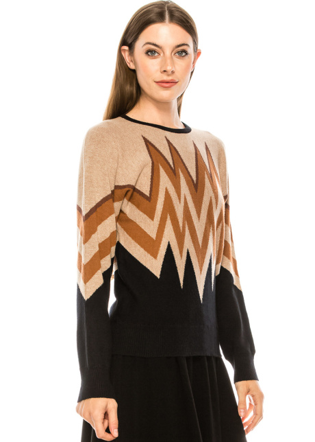 Zigzag pattern sweater in camel and black