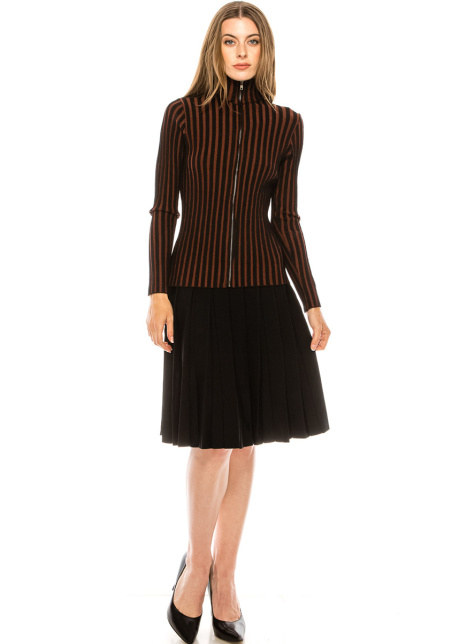 Striped high-neck cardigan in black and rust