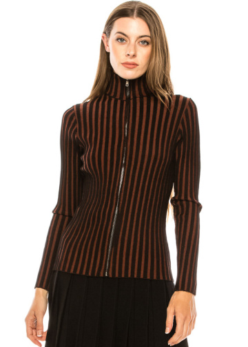 Striped high-neck cardigan in black and rust