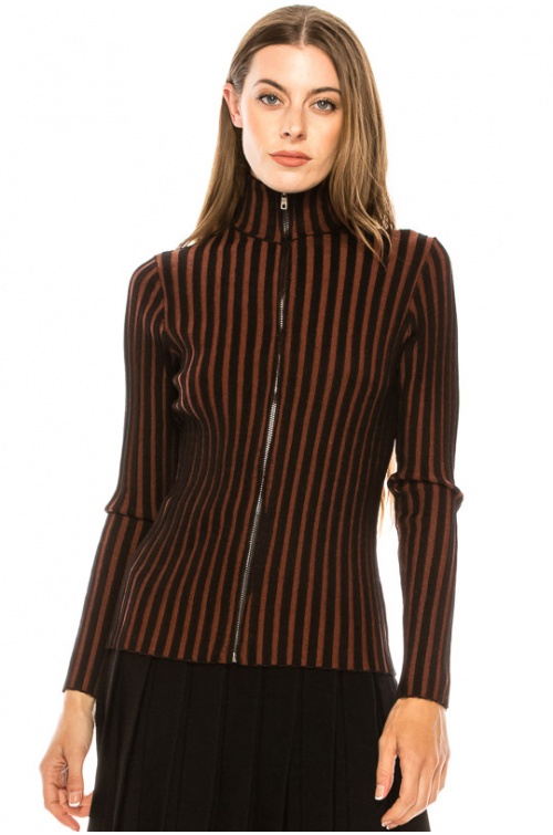 Striped high-neck cardigan in black and rust