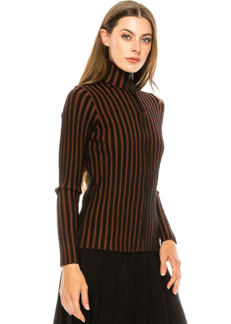 Striped high-neck cardigan in black and rust