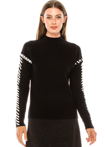 Black waffle knit sweater with white stitches