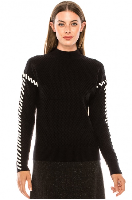 Black waffle knit sweater with white stitches