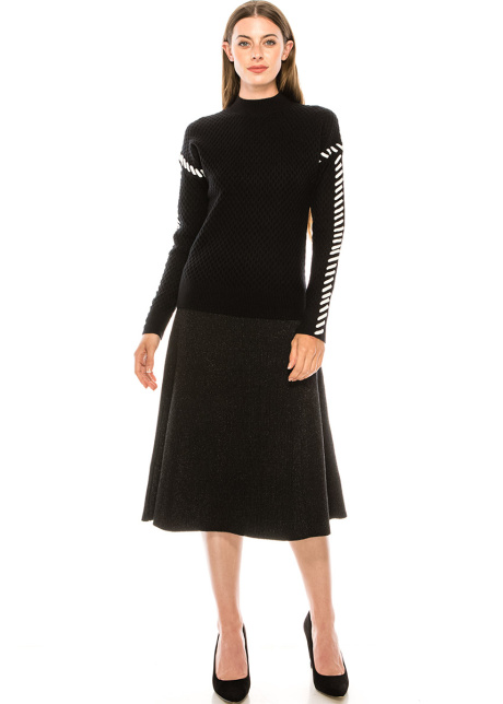 Black waffle knit sweater with white stitches