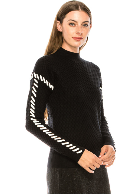 Black waffle knit sweater with white stitches