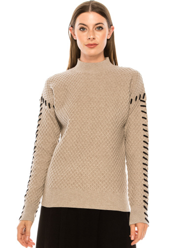 Stand-up collar waffle knit sweater in taupe