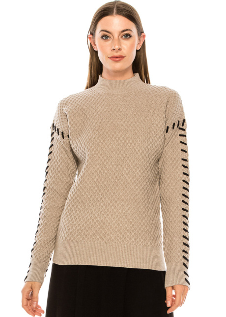 Stand-up collar waffle knit sweater in taupe