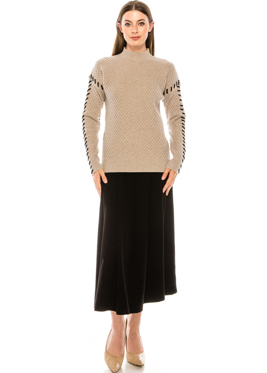 Stand-up collar waffle knit sweater in taupe