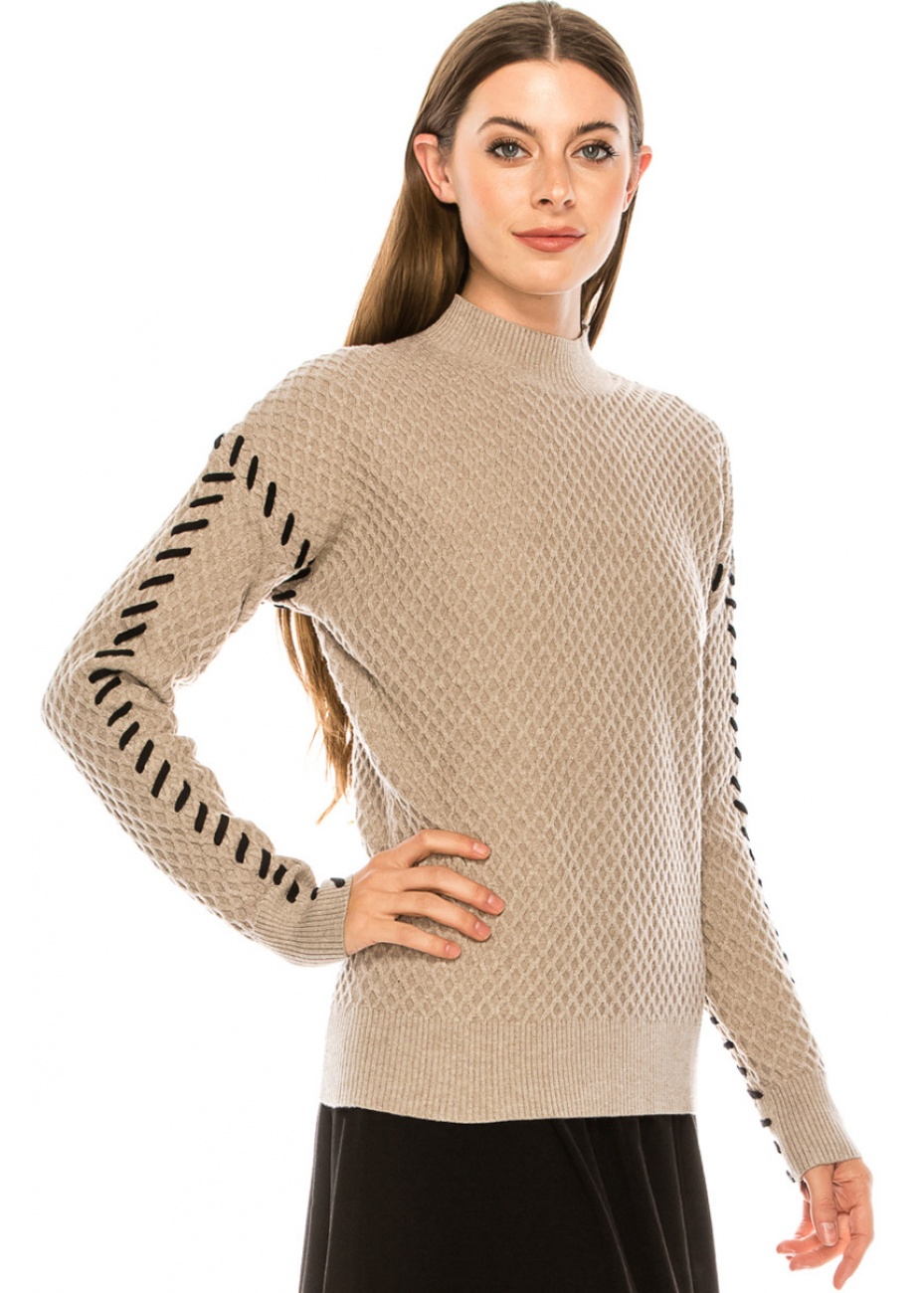 Stand-up collar waffle knit sweater in taupe