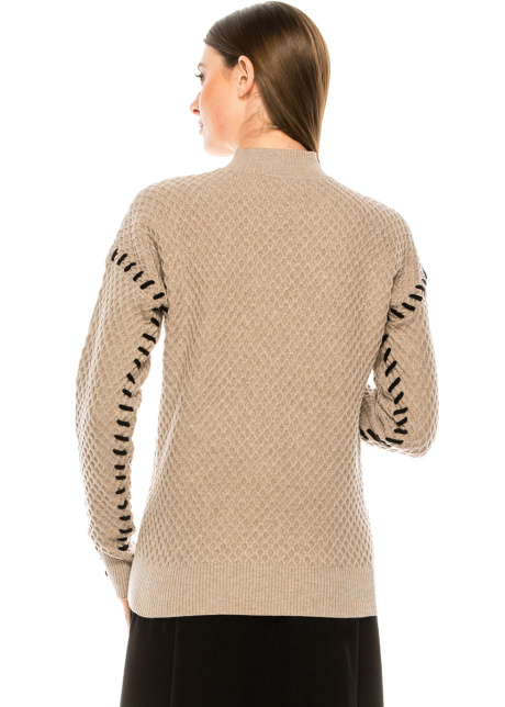 Stand-up collar waffle knit sweater in taupe