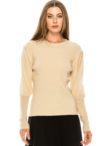 Crew neck leg-of-mutton sleeve sweater in beige