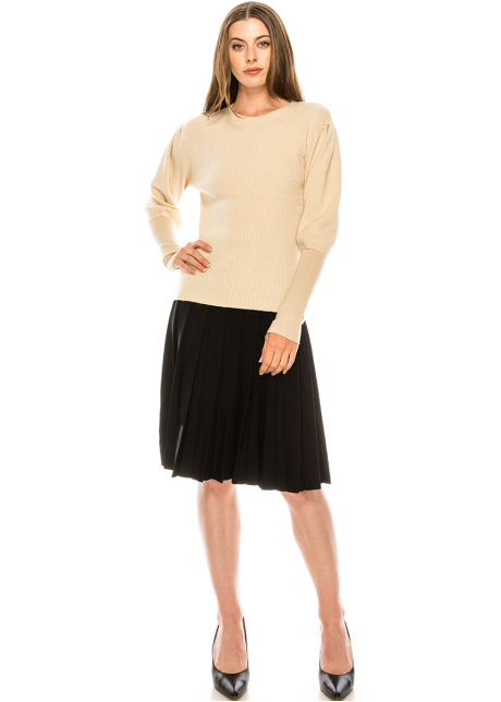 Crew neck leg-of-mutton sleeve sweater in beige
