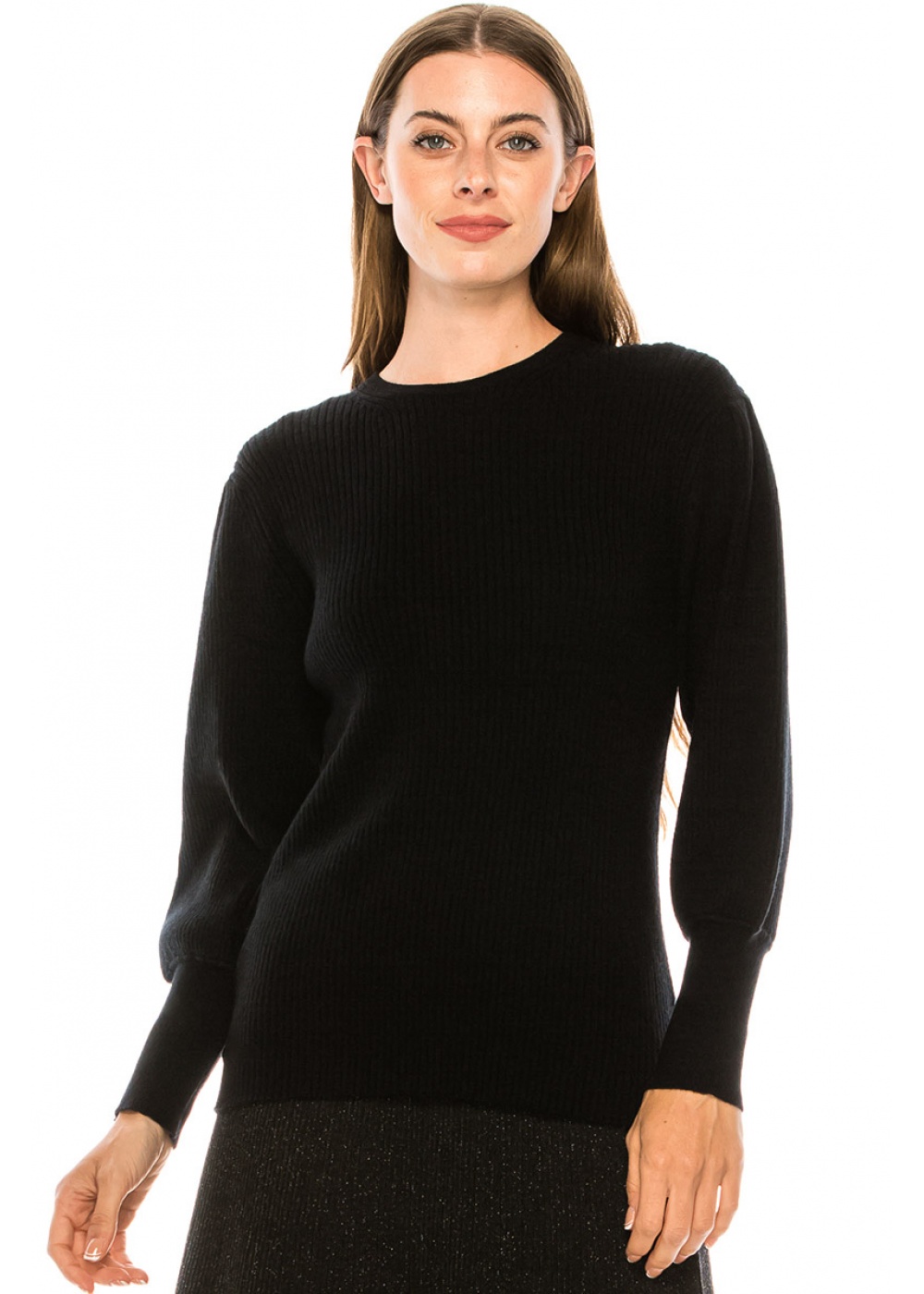 Crew neck leg-of-mutton sleeve sweater in black