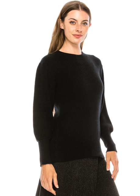 Crew neck leg-of-mutton sleeve sweater in black