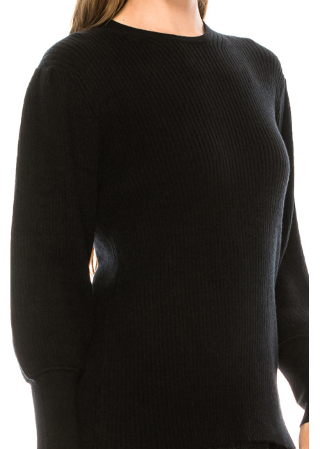 Crew neck leg-of-mutton sleeve sweater in black