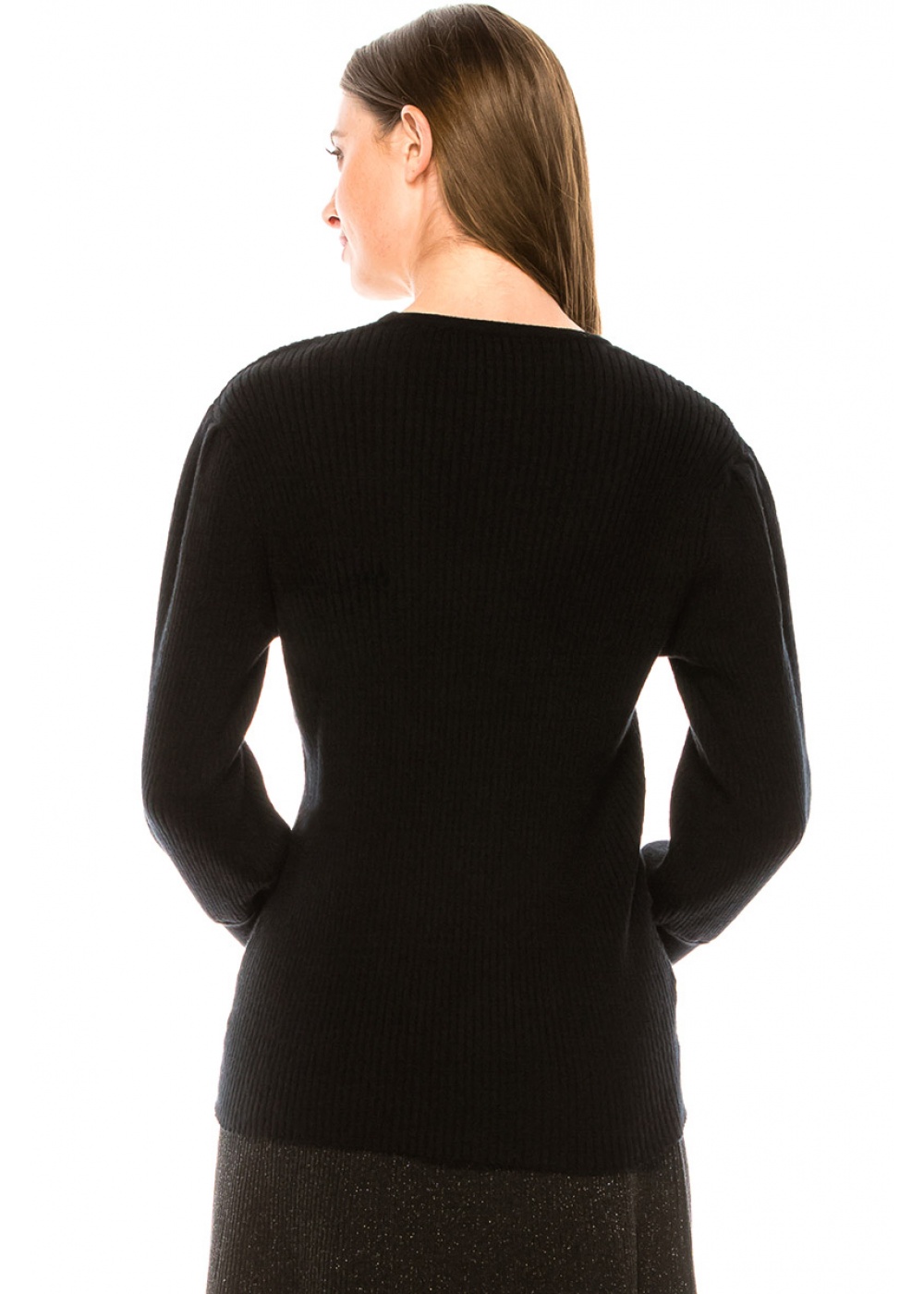 Crew neck leg-of-mutton sleeve sweater in black