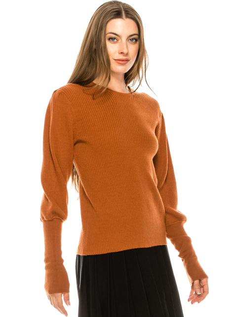 Crew neck leg-of-mutton sleeve sweater in rust