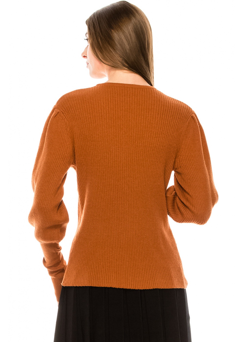 Crew neck leg-of-mutton sleeve sweater in rust