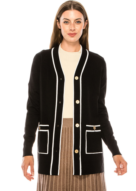 V-neck buttoned cardigan in black and white